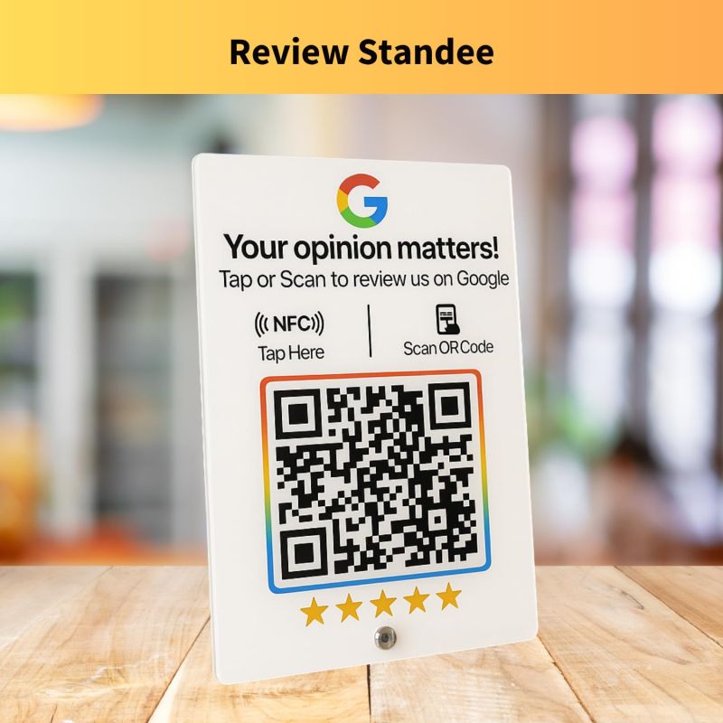Information graphic from the Amazon listing for tinydabba White Acylic NFC Review Standee with QR Code