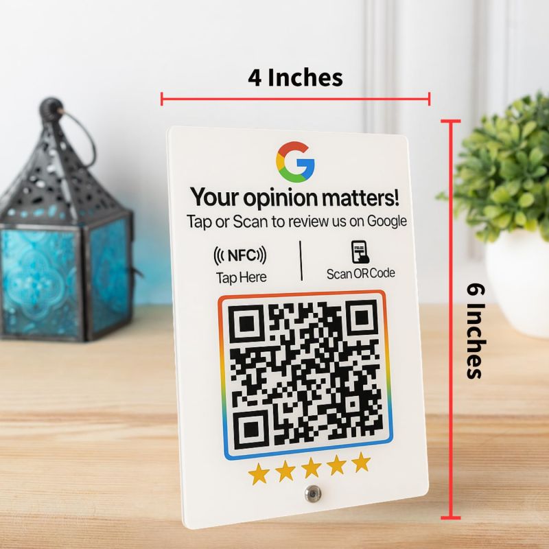 Information graphic from the Amazon listing for tinydabba White Acylic NFC Review Standee with QR Code