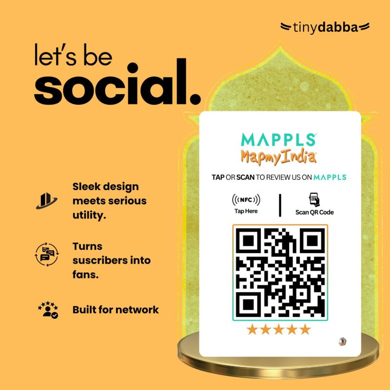 Information graphic from the Amazon listing for tinydabba Mappls Review NFC Standee with QR Code