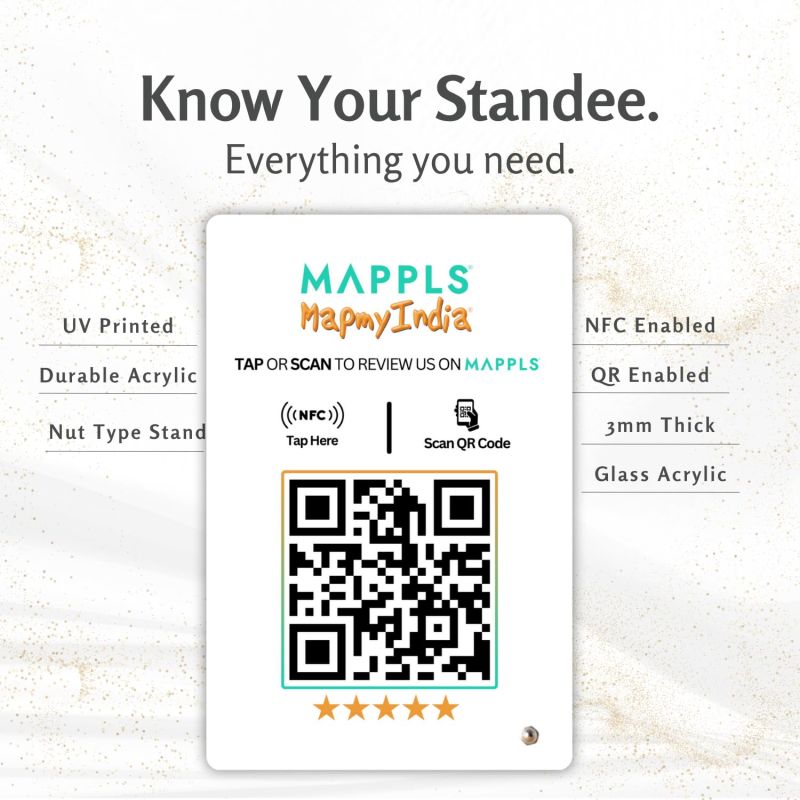 Information graphic from the Amazon listing for tinydabba Mappls Review NFC Standee with QR Code