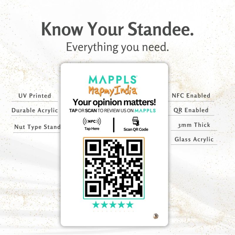 Information graphic from the Amazon listing for tinydabba Mappls Review NFC Standee with QR Code