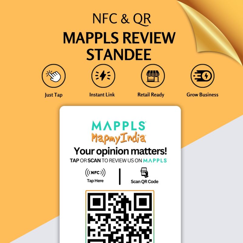 Information graphic from the Amazon listing for tinydabba Mappls Review NFC Standee with QR Code