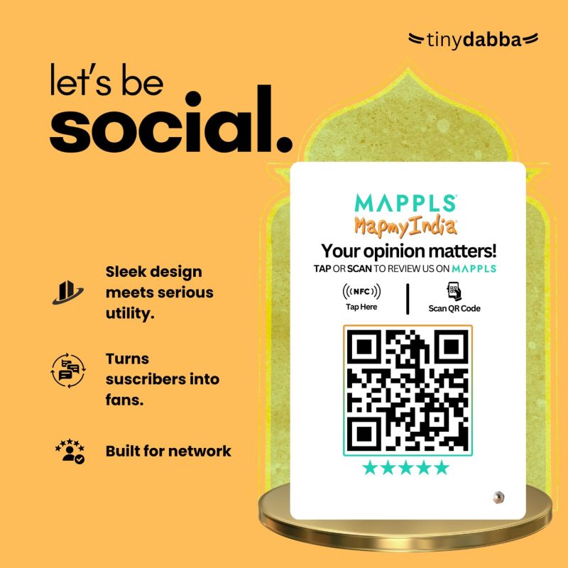 Information graphic from the Amazon listing for tinydabba Mappls Review NFC Standee with QR Code