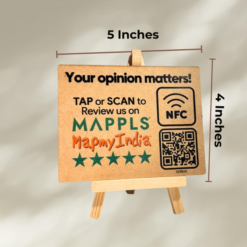 Information graphic from the Amazon listing for tinydabba Mappls Wooden Review NFC Standee with QR Code (With Wooden Stand)