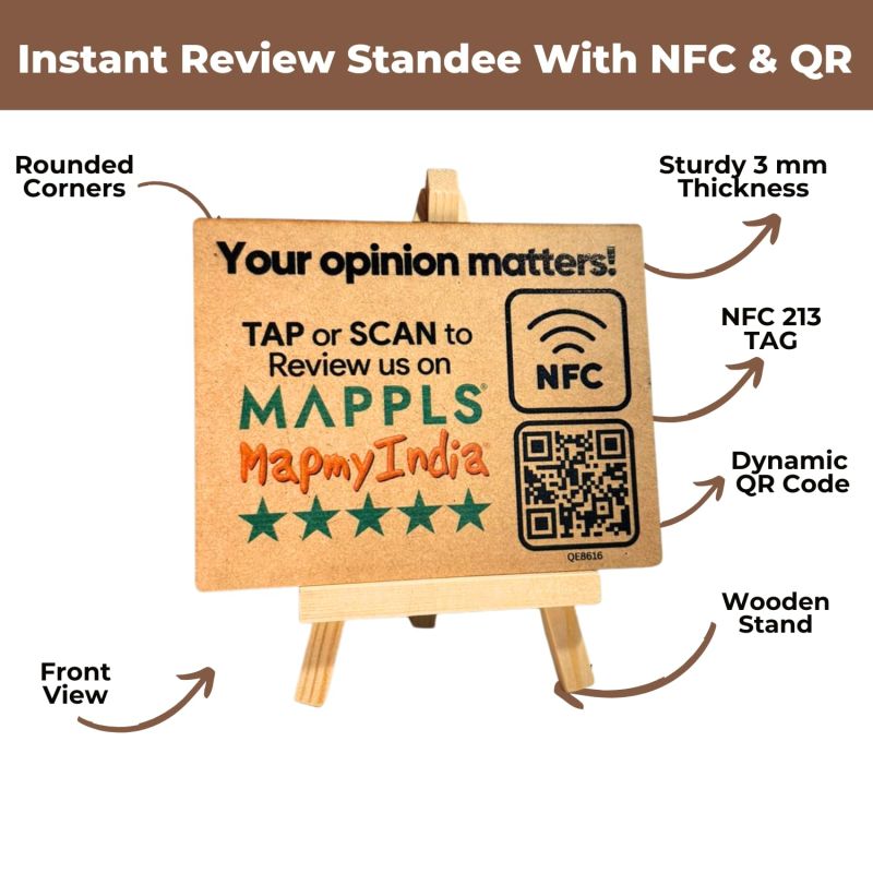 Information graphic from the Amazon listing for tinydabba Mappls Wooden Review NFC Standee with QR Code (With Wooden Stand)