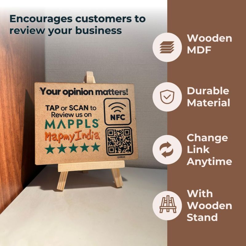 Information graphic from the Amazon listing for tinydabba Mappls Wooden Review NFC Standee with QR Code (With Wooden Stand)