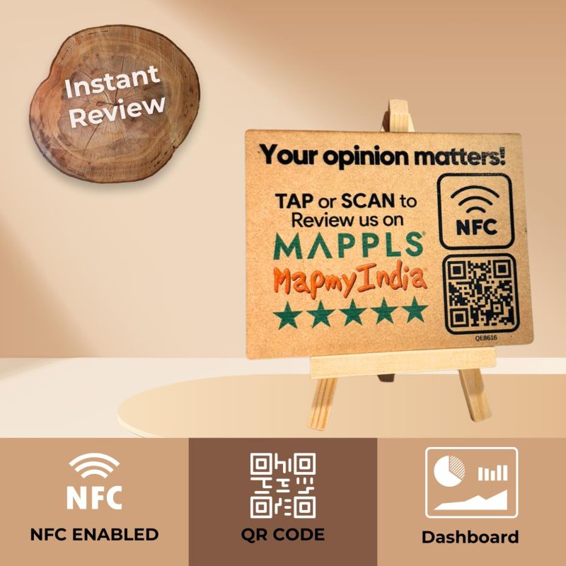 Information graphic from the Amazon listing for tinydabba Mappls Wooden Review NFC Standee with QR Code (With Wooden Stand)