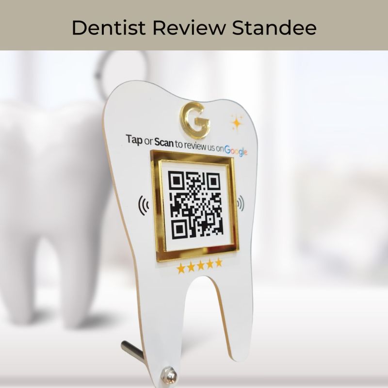 Information graphic from the Amazon listing for tinydabba Premium Dental Tooth Shaped NFC & QR Standee