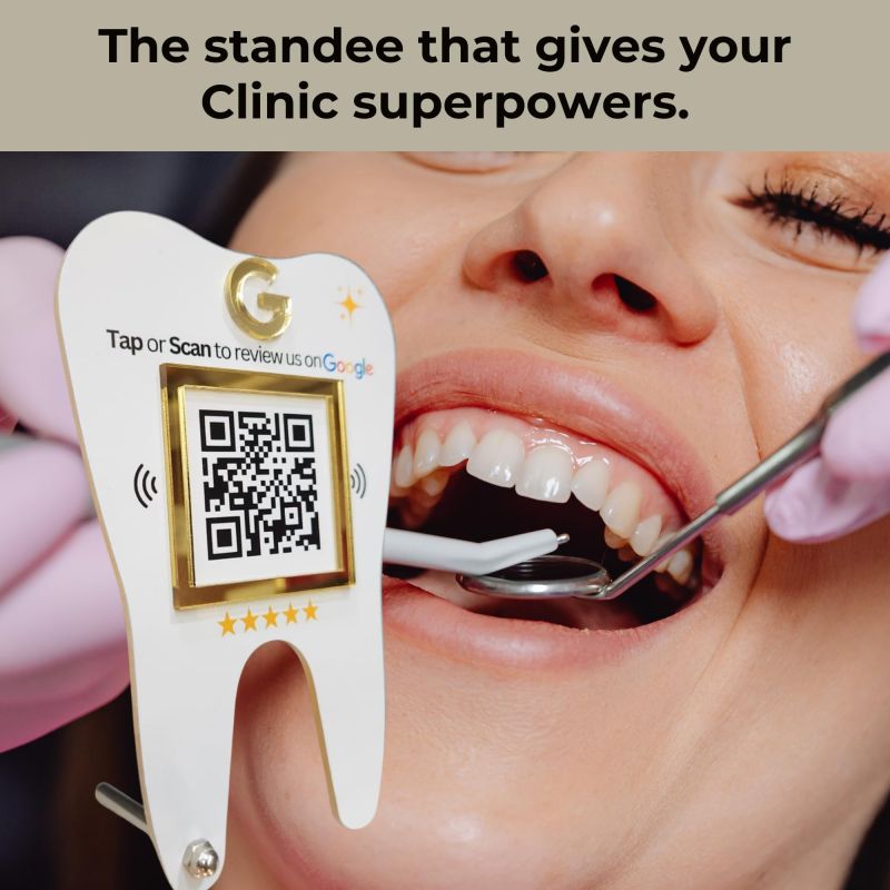 Information graphic from the Amazon listing for tinydabba Premium Dental Tooth Shaped NFC & QR Standee
