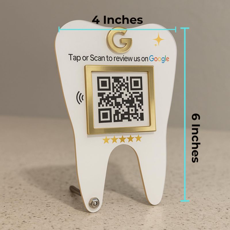 Information graphic from the Amazon listing for tinydabba Premium Dental Tooth Shaped NFC & QR Standee