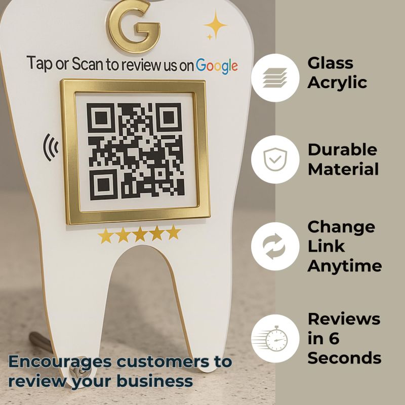 Information graphic from the Amazon listing for tinydabba Premium Dental Tooth Shaped NFC & QR Standee