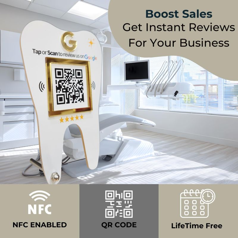 Information graphic from the Amazon listing for tinydabba Premium Dental Tooth Shaped NFC & QR Standee