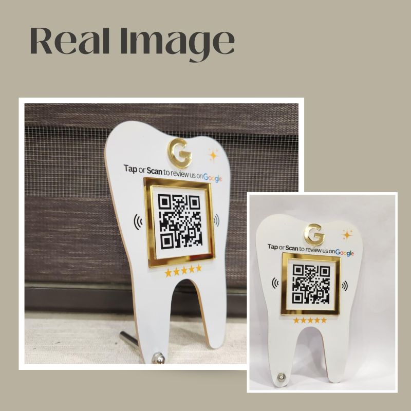 Information graphic from the Amazon listing for tinydabba Premium Dental Tooth Shaped NFC & QR Standee