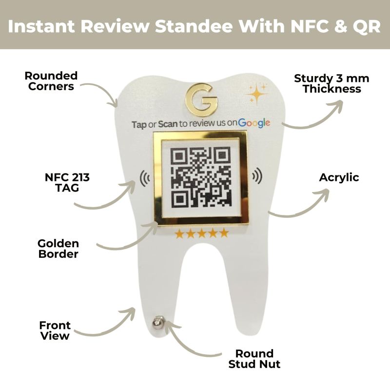 Information graphic from the Amazon listing for tinydabba Premium Dental Tooth Shaped NFC & QR Standee