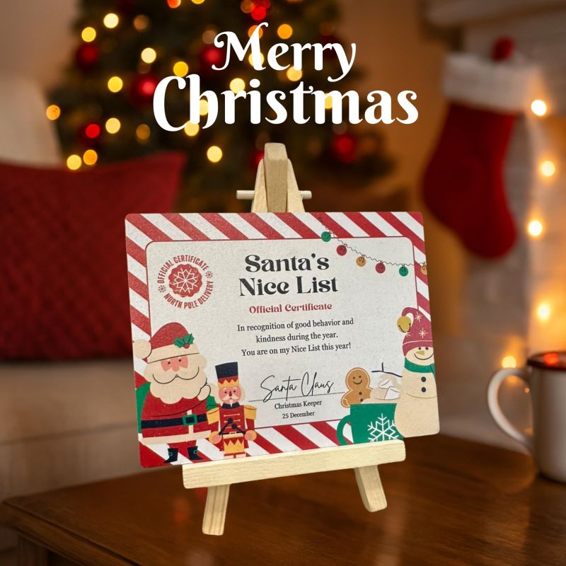 Information graphic from the Amazon listing for tinydabba Wooden Christmas Sign Plaque with Easel Stand