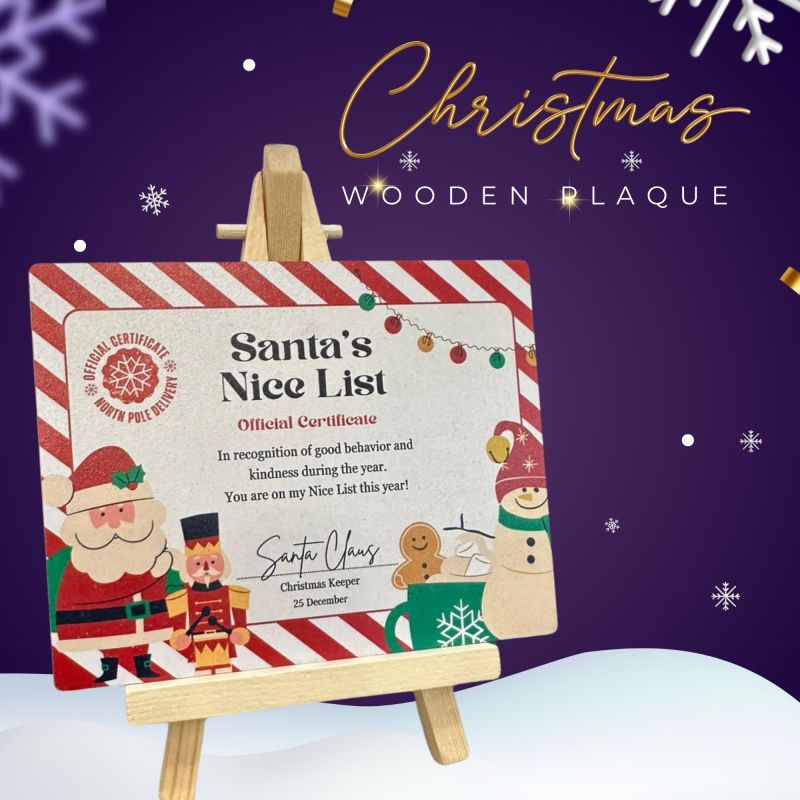 Information graphic from the Amazon listing for tinydabba Wooden Christmas Sign Plaque with Easel Stand