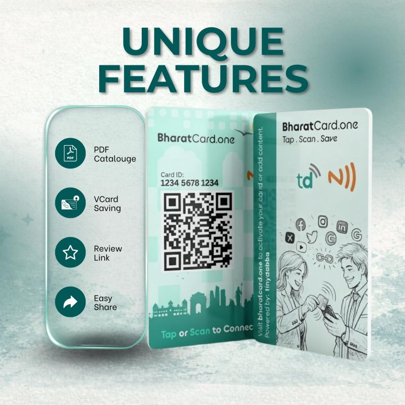 Information graphic from the Amazon listing for tinydabba BharatCard One NFC & QR Digital Business Card