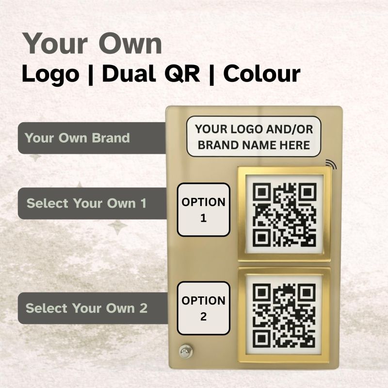 Information graphic from the Amazon listing for tinydabba Custom NFC Enabled QR Code Stand for Shop