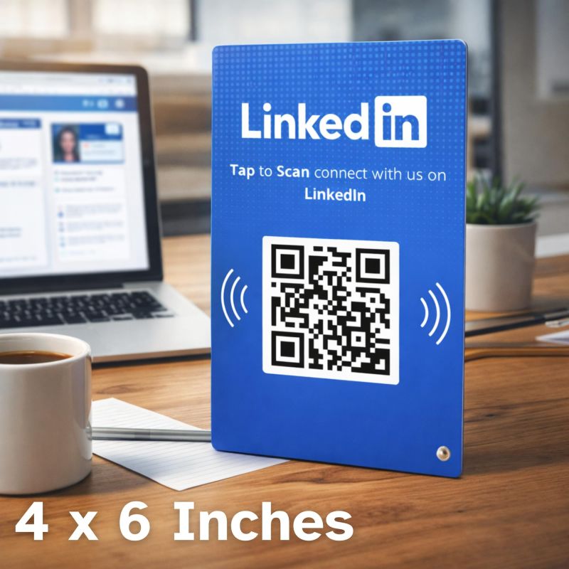 Information graphic from the Amazon listing for tinydabba LinkedIn Standee, 4 x 6 Inches, 3 mm Acrylic Desk Display, NFC & QR Code Enabled, Professional Networking Stand for Office, Events & Counters