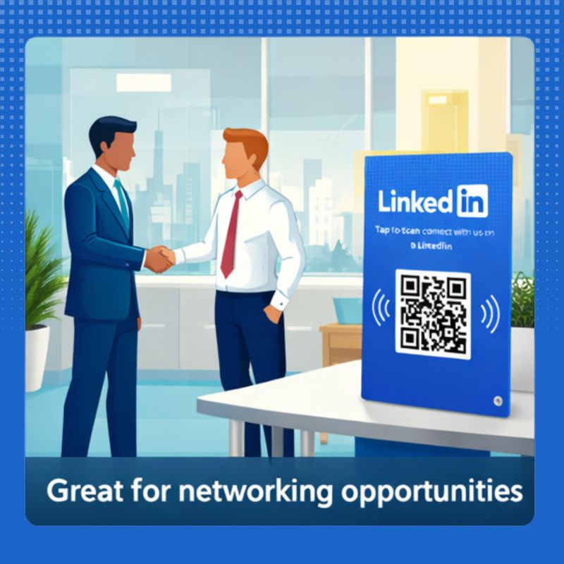 Information graphic from the Amazon listing for tinydabba LinkedIn Standee, 4 x 6 Inches, 3 mm Acrylic Desk Display, NFC & QR Code Enabled, Professional Networking Stand for Office, Events & Counters