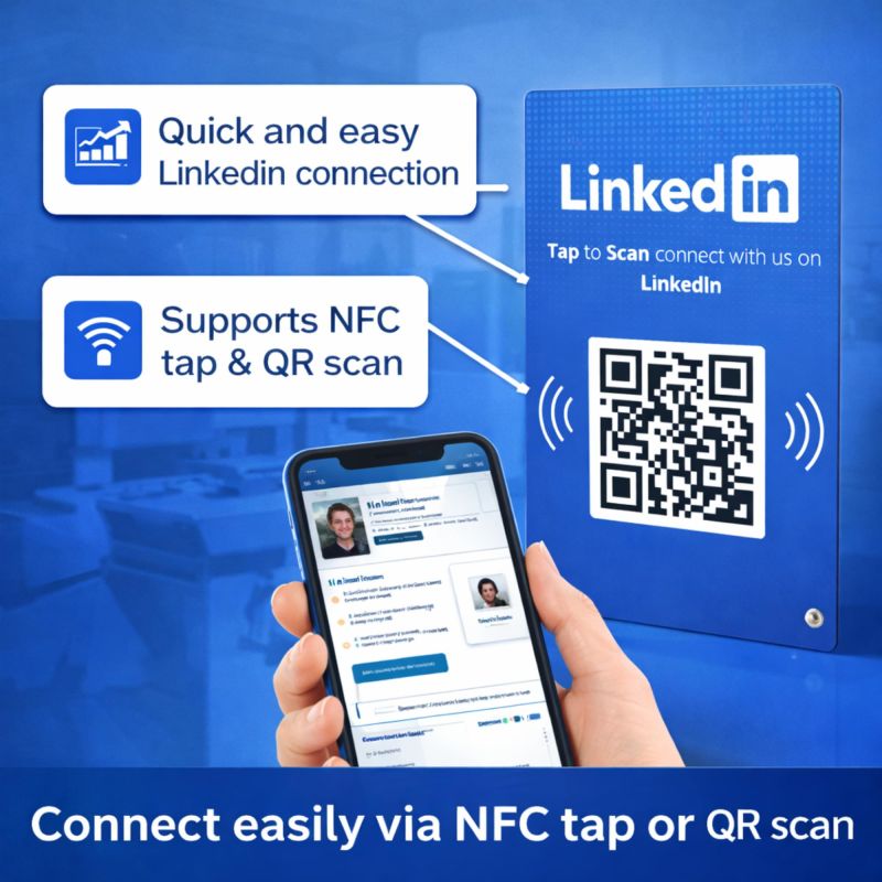 Information graphic from the Amazon listing for tinydabba LinkedIn Standee, 4 x 6 Inches, 3 mm Acrylic Desk Display, NFC & QR Code Enabled, Professional Networking Stand for Office, Events & Counters