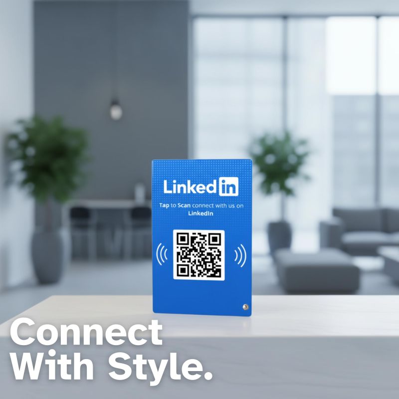 Information graphic from the Amazon listing for tinydabba LinkedIn Standee, 4 x 6 Inches, 3 mm Acrylic Desk Display, NFC & QR Code Enabled, Professional Networking Stand for Office, Events & Counters