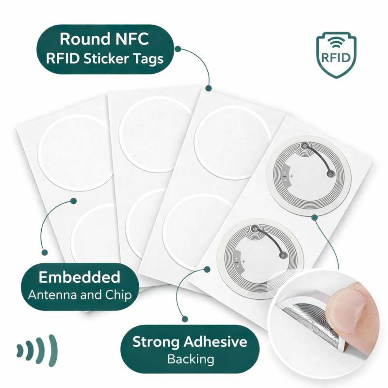Information graphic from the Amazon listing for Tinydabba NFC Tag Stickers NTAG213, 25mm Round, Rewritable, Pack of 10, Compatible with All NFC-Enabled Smartphones and Readers, Self-Adhesive