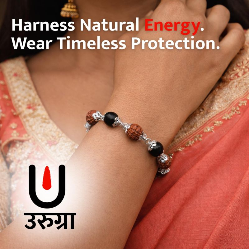 Information graphic from the Amazon listing for urugra Rudraksha Karungali Bracelet for Men & Women with Silver Capping