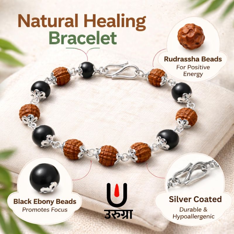 Information graphic from the Amazon listing for urugra Rudraksha Karungali Bracelet for Men & Women with Silver Capping