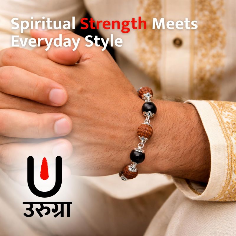 Information graphic from the Amazon listing for urugra Rudraksha Karungali Bracelet for Men & Women with Silver Capping
