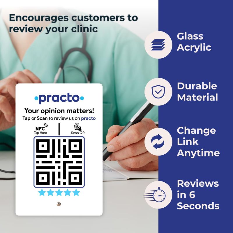 Information graphic from the Amazon listing for tinydabba Practo Review Standee with NFC & QR Code