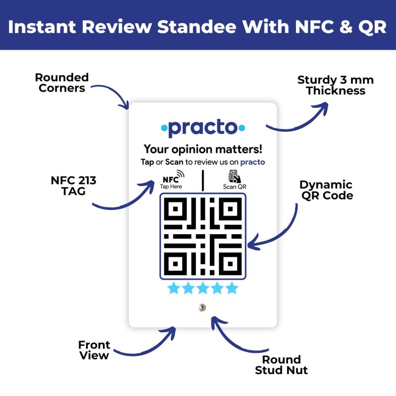 Information graphic from the Amazon listing for tinydabba Practo Review Standee with NFC & QR Code