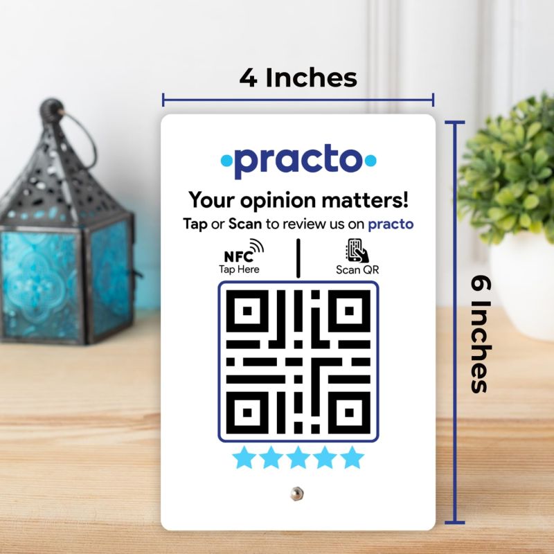 Information graphic from the Amazon listing for tinydabba Practo Review Standee with NFC & QR Code