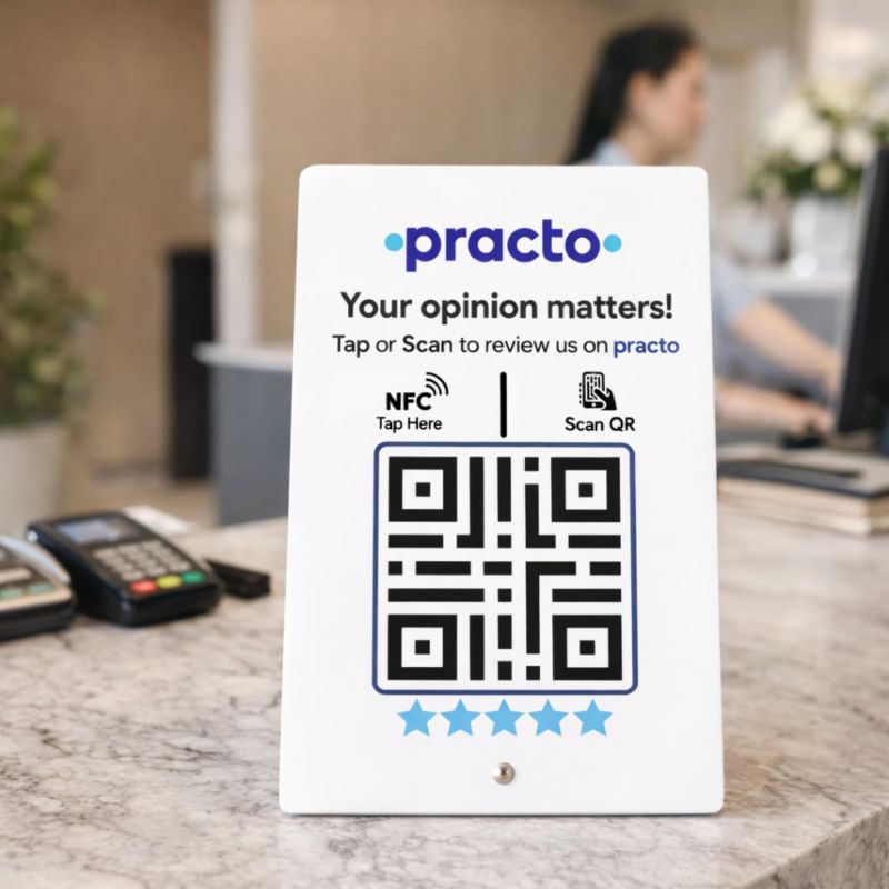 Information graphic from the Amazon listing for tinydabba Practo Review Standee with NFC & QR Code