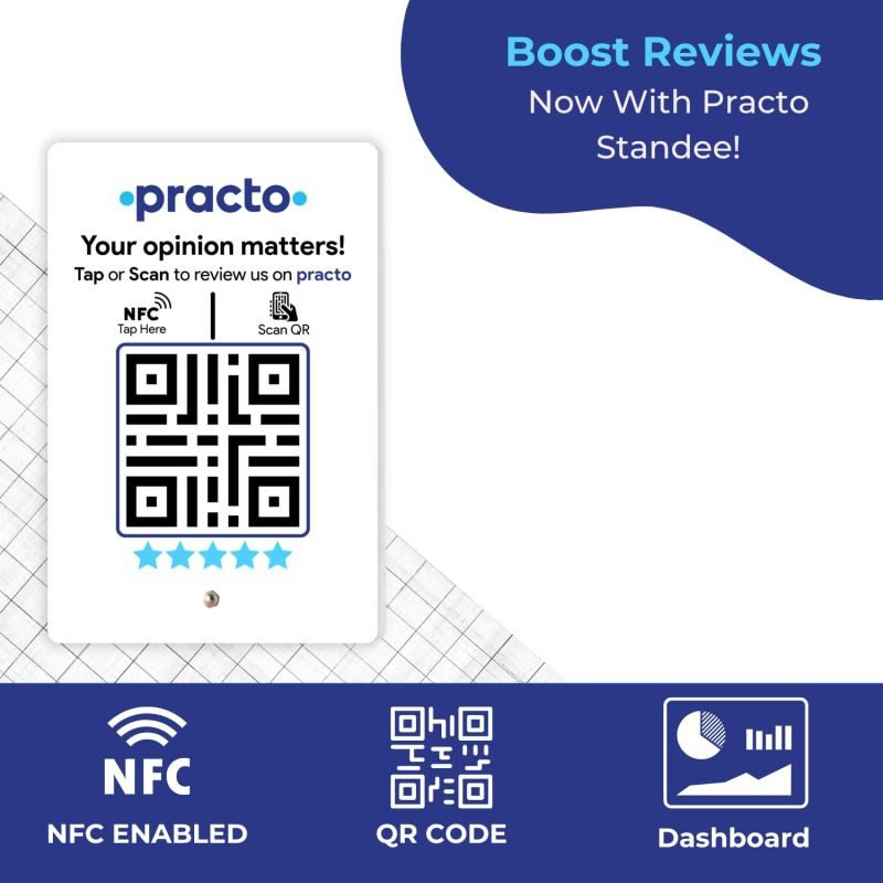 Information graphic from the Amazon listing for tinydabba Practo Review Standee with NFC & QR Code